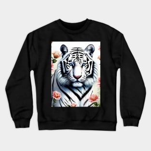 White Tiger with Flowers, Colorful, Beautiful Crewneck Sweatshirt